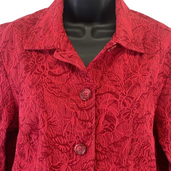Coldwater Creek Reds Embroidered Floral Detail Comfort Stretch Button Blazer M - Picture 3 of 10